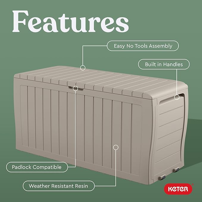 Keter Marvel Plus 71 Gallon Resin Outdoor Storage Box for Patio, Balcony & Garden – Weather‑Resistant Deck Box for Cushions, Pillows, Pool Floats & Tools, Beige