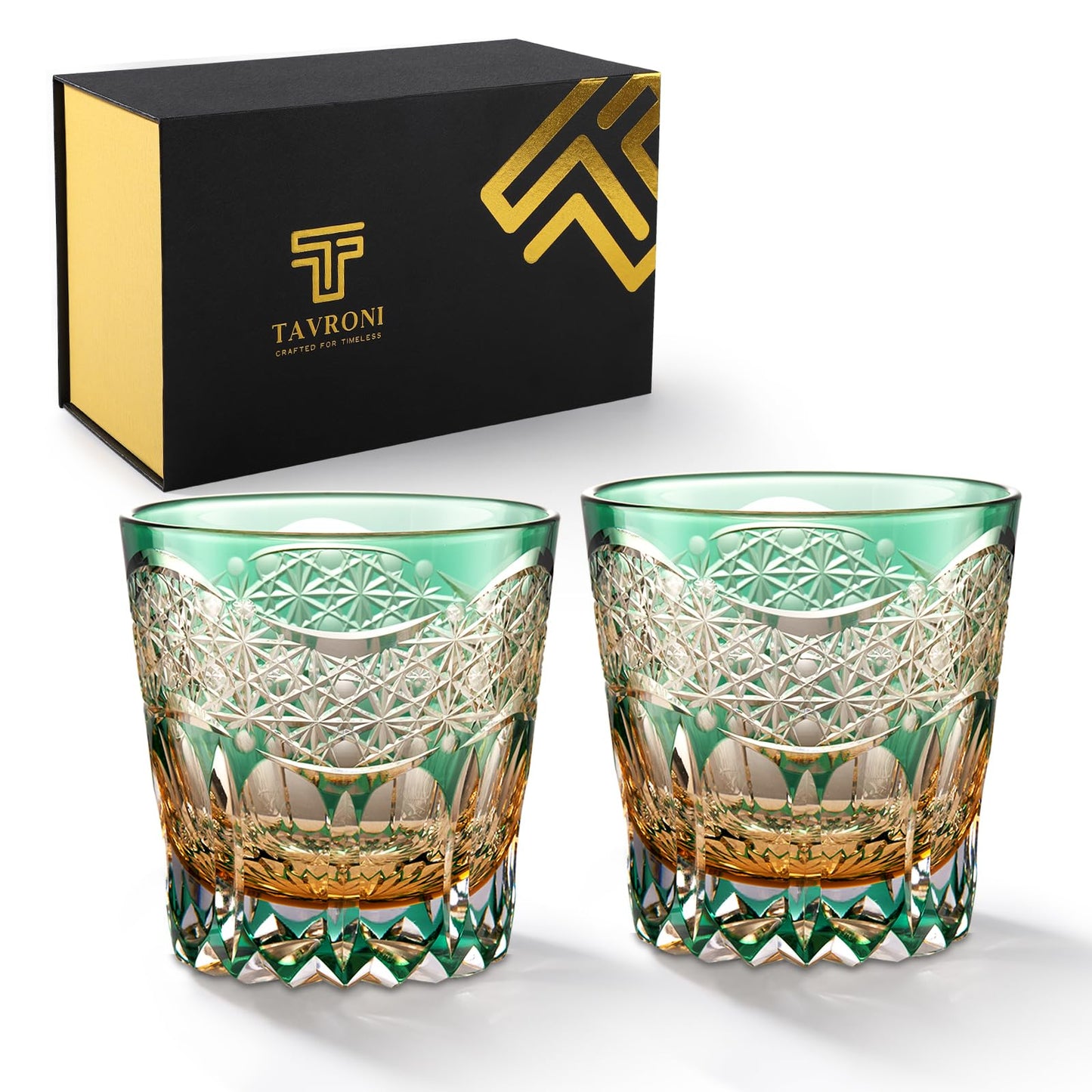 TAVRONI Edo Style Kiriko Whiskey Glasses Set of 2 - Japanese Art Glass Tumblers, Luxury Gift for Couples, Weddings, Anniversary, Perfect for Home Bar & Special Occasions, Crystal Barware with Gift Box