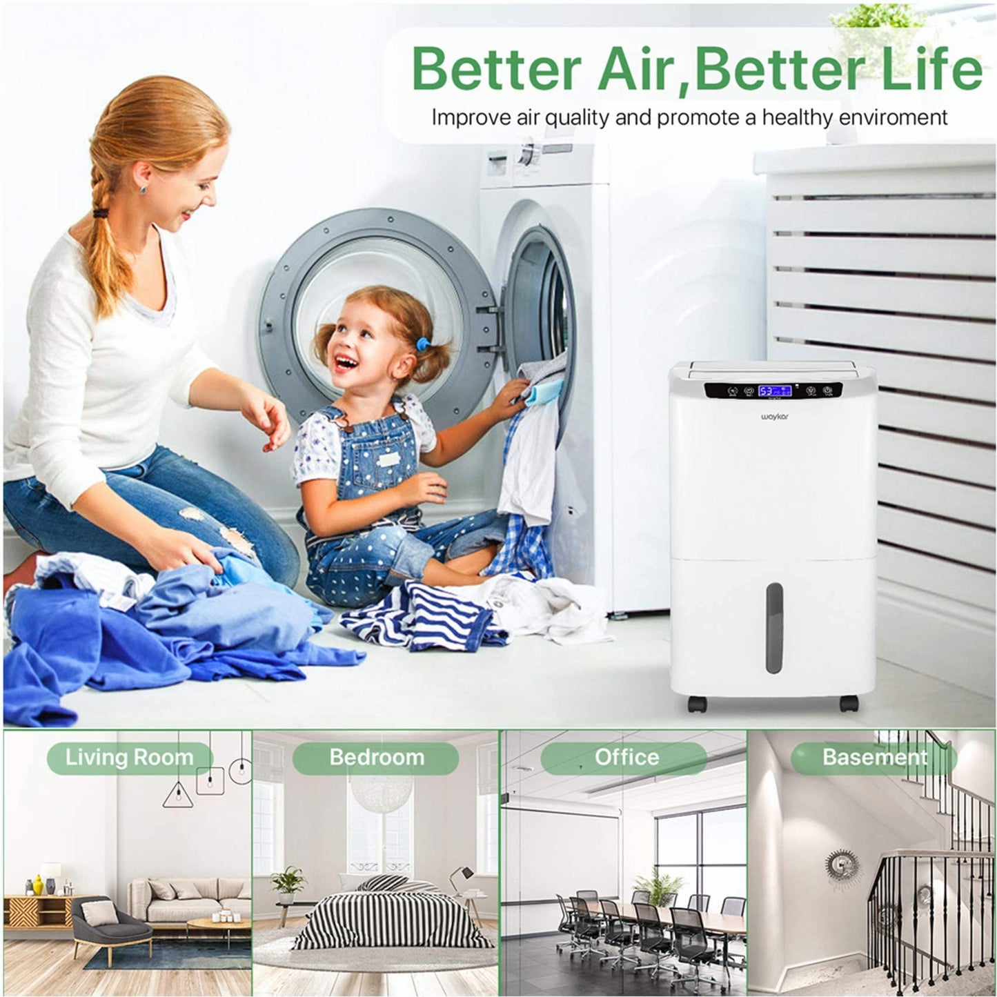 Waykar 34 Pints Energy Star Dehumidifier for Spaces up to 2,000 Sq. Ft at Home, in Basements and Large Rooms with Drain Hose and 0.66 Gallons Water Tank