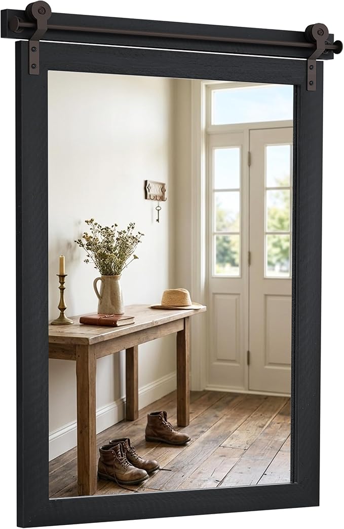 24"x36" Black Barn Door Wall Mirror, Solid Wood Framed Rustic Accent Mirror