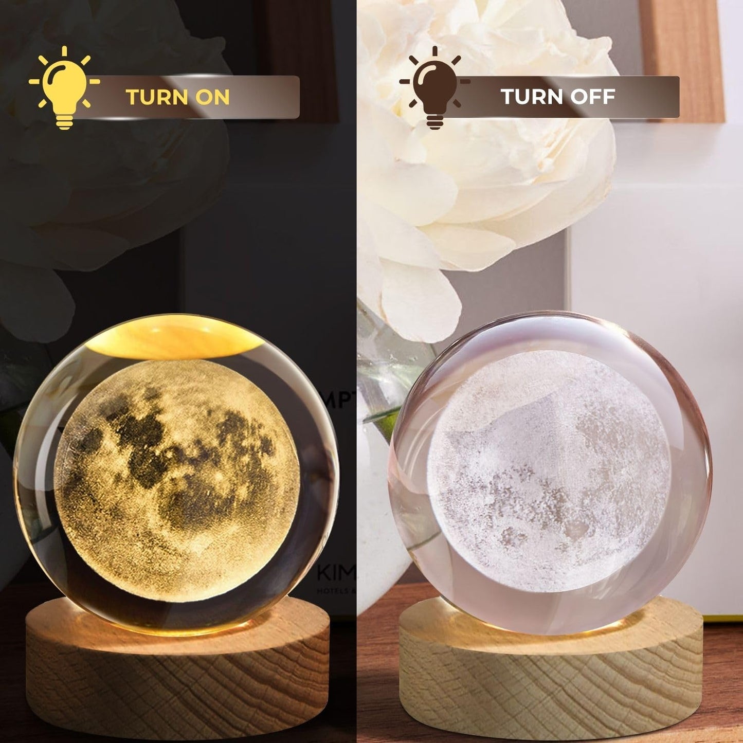 Flexzion 3D Moon Crystal Ball Night Light - LED Light Hologram Glass Lamp with Solid Wood Base, USB Powered Crystal Ball Lamp with Adjustable Brightness for Home Decor Display Gift, 2.4inch(60mm)