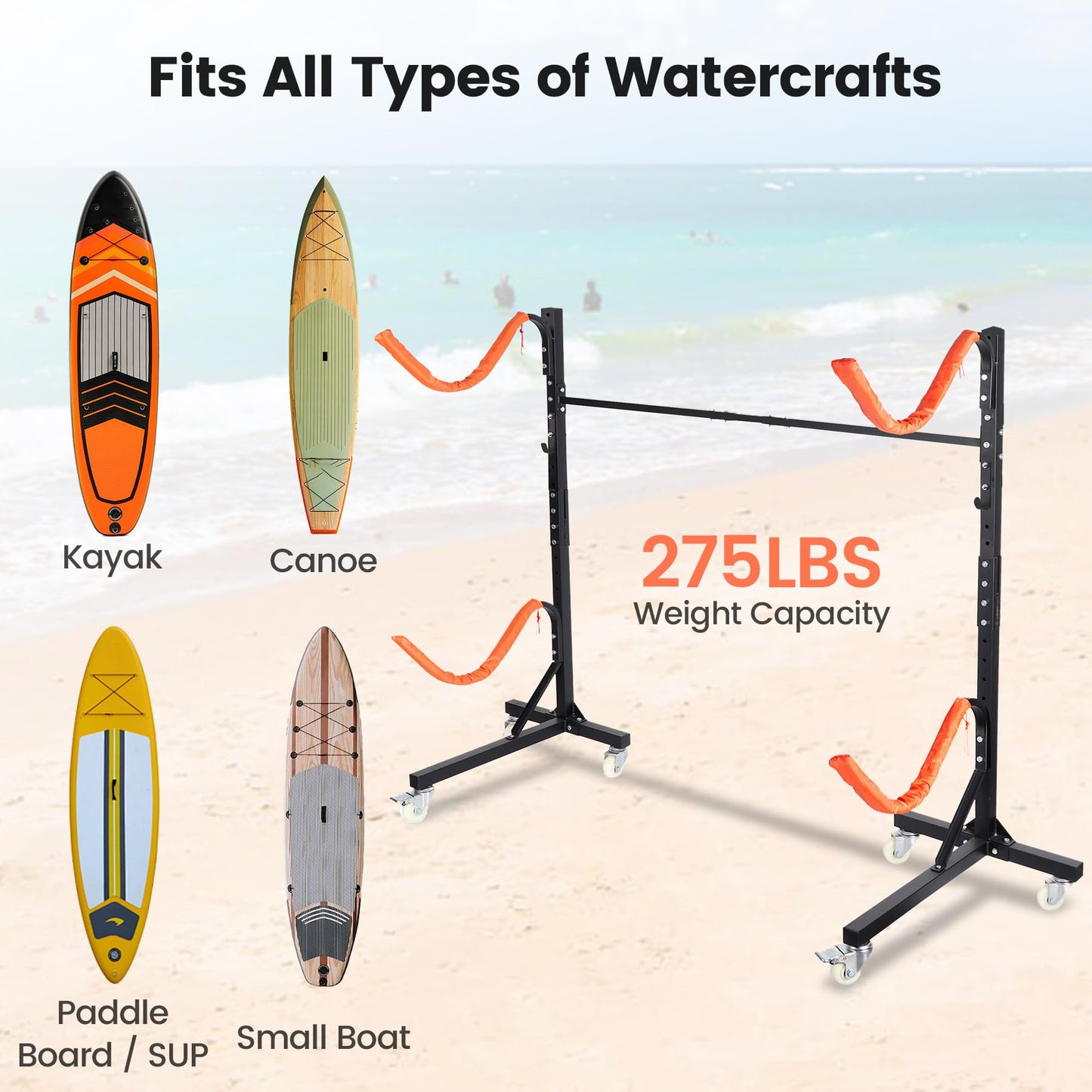 Neorexon Freestanding Kayak Storage Rack, Adjustable Kayak Racks Outdoor with 4 Lockable Wheels, Kayak Stands Heavy Duty Storage for Kayaks, Canoes, SUP and Surfboards - 2 Kayaks
