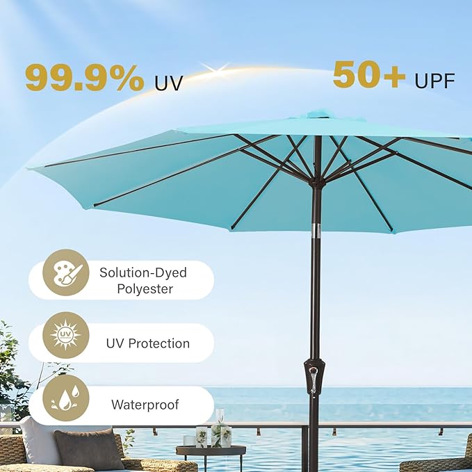 MEWAY 9ft Patio Umbrella Outdoor Table Umbrellas with Push Button Tilt and Crank, Market Umbrella 8 Sturdy Ribs for Deck, Garden, Pool and Backyard, Sky Blue