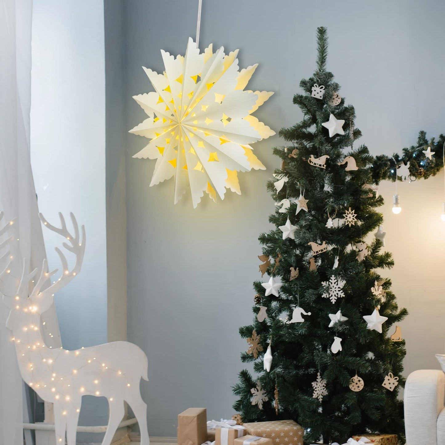23.6 Inch Christmas Star Snowflake Paper Lantern with Light Timer Paper Lamp Party Supplies Hanging Decoration for Weddings Christmas Trees Birthday Holiday Party Celebration (Elegant Style)