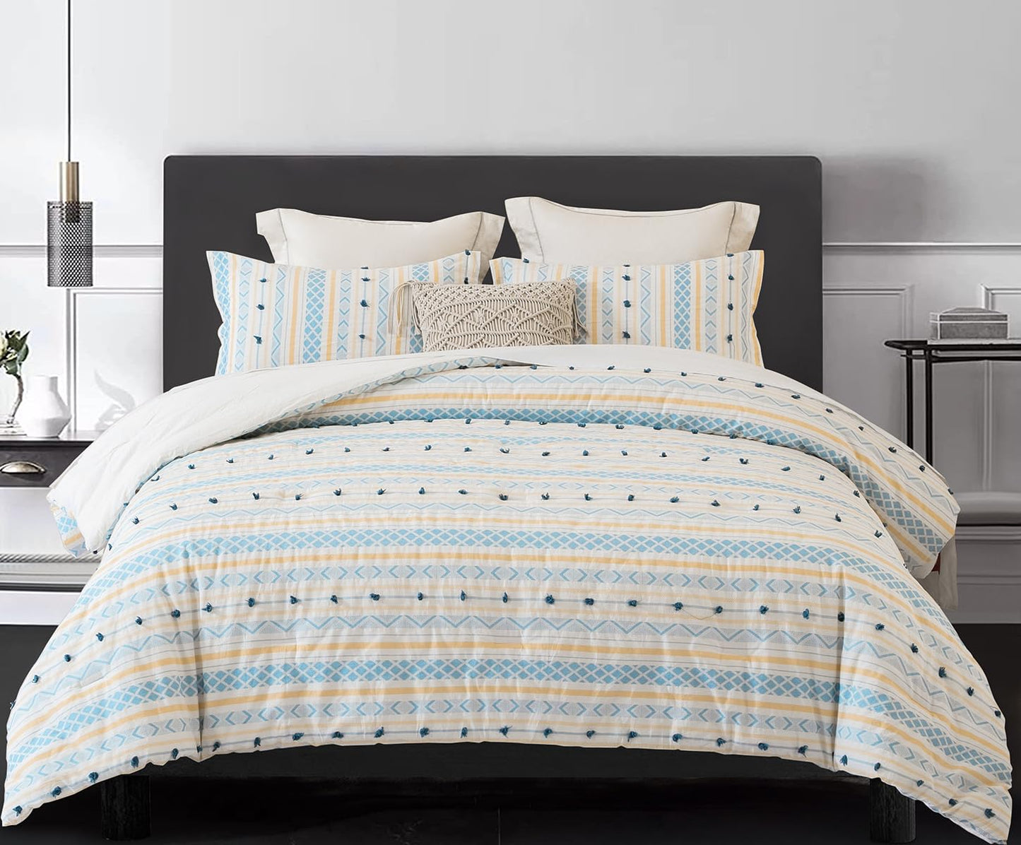 SLEEPBELLA Washed Double Layer Muslin 100% Cotton Comforter Set Queen Size, Yellow Blue Boho Fluffy Thick Checked Bedding Set, Soft Breathable (1 Comforter, 2 Pillow Shams)