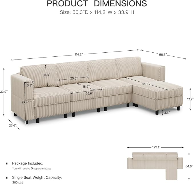 Belffin 5 Seats L Shaped Sectional Couch