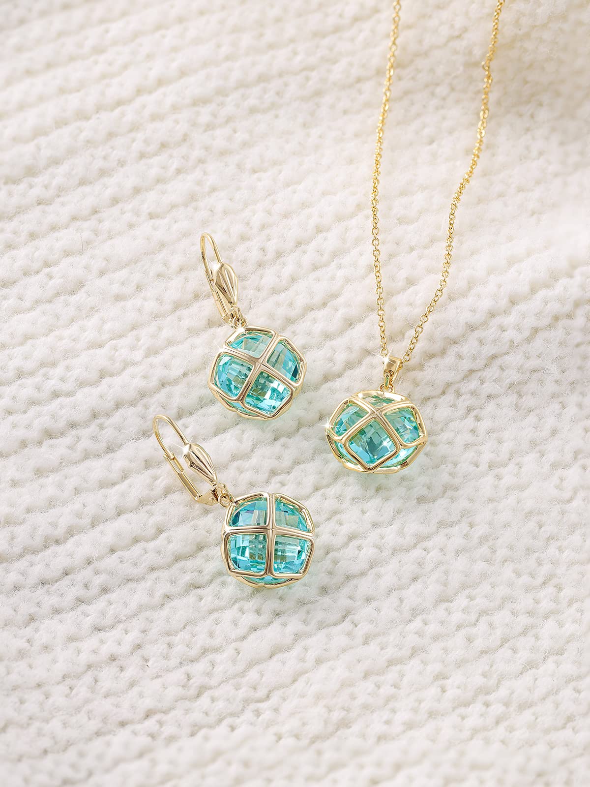 Qinpan 14MM Crystal Pendant Dangle Necklace Earrings Sets for Women Glod Plated Costume Jewelry, 38*17.8mm, Yellow Gold, Sapphire