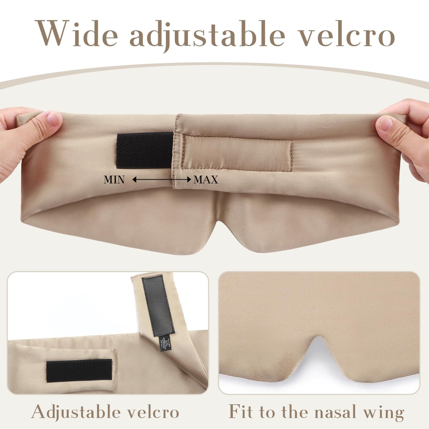 100% Mulberry Silk Sleep Mask Eye Mask for Women Man with Adjustable Band, for Side Sleeper Blackout Sleep Mask for Travel Rest and Office Large Size (Taupe)