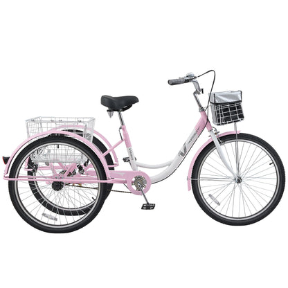VIRIBUS Adult Tricycles for Women, Single Speed Tricycle for Adults with Front & Rear Detachable Wheeled Baskets, 3 Wheel Bikes for Adults Seniors 1 Speed, 400 lb. Capacity Three Wheeler, 26 in. Pink