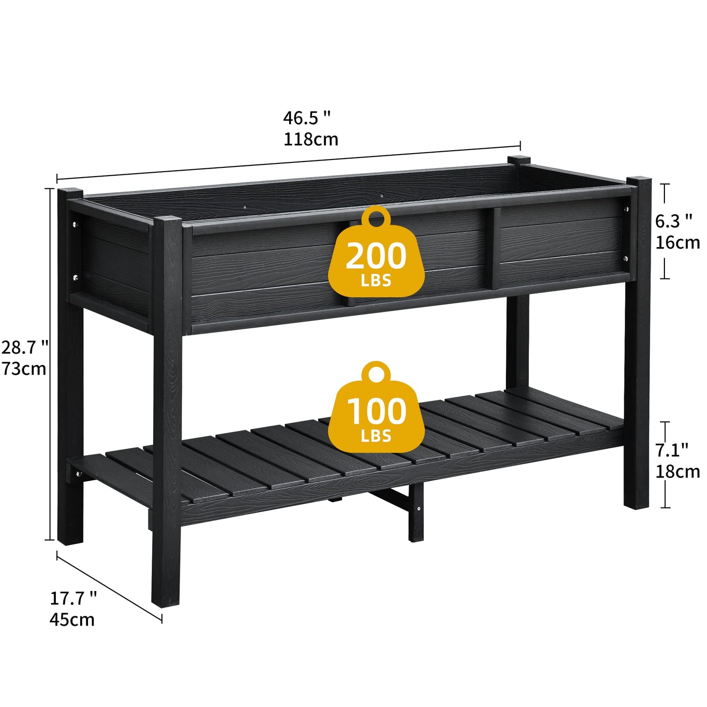 DWVO Raised Planter Box with Legs 48x18x30in Raised Garden Bed HDPE Poly Wood Weather-Resistant Elevated Garden Bed with Storage Shelf, Planter Boxes Outdoor for Patio Balcony Backyard, Black
