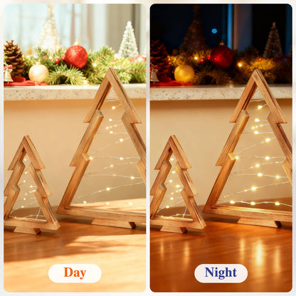 HOMIEE Wooden Christmas Tree 2PCS Handmade Tabletop Decor with Light for Farmhouse Home Kitchen Table Mantle Shelf Holiday Indoor Party Decor