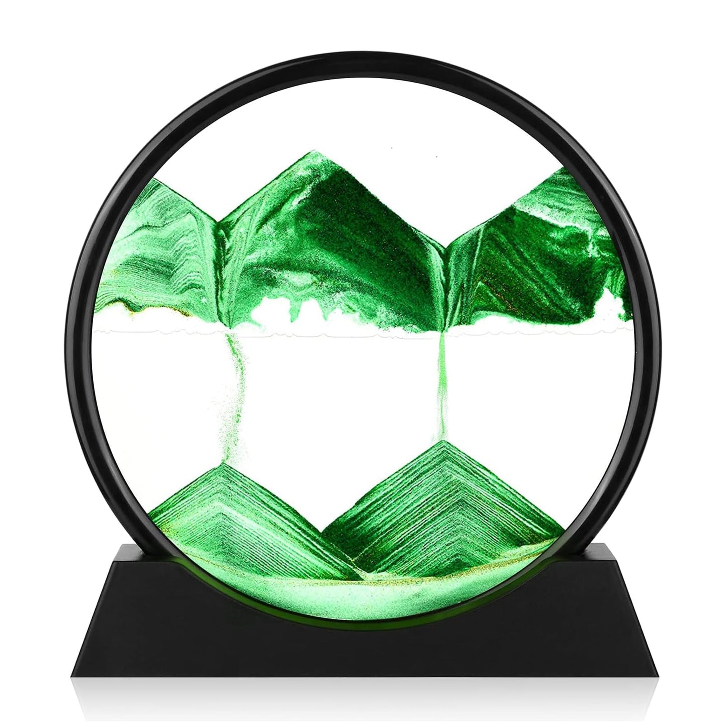 GEKETY 3D Quicksand Painting Decor - Moving Sand Art Picture - Round Glass Deep Sea Sandscape - Relaxing Home Decoration Desk Figurine for Office, Home, Desk, Mantle, Bookshelf - Light Green, 12 in