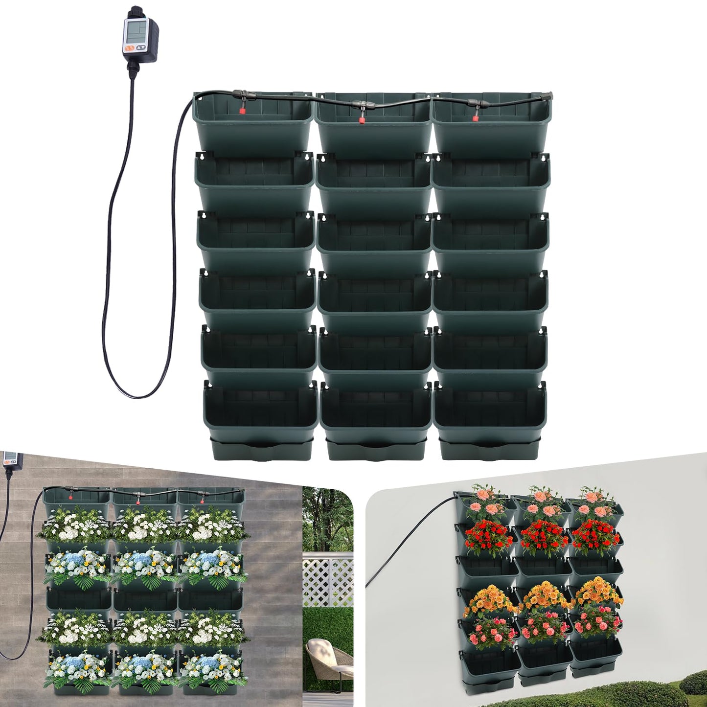 Cashewnuts 18 Pots Vertical Living Green Wall Wall-Mounted Drip Irrigation Planter Vertical Hanging Irrigation Planter Self Watering Stackable Box Kit, 39.37" L x 39.37" W x 5.51" H (Green)