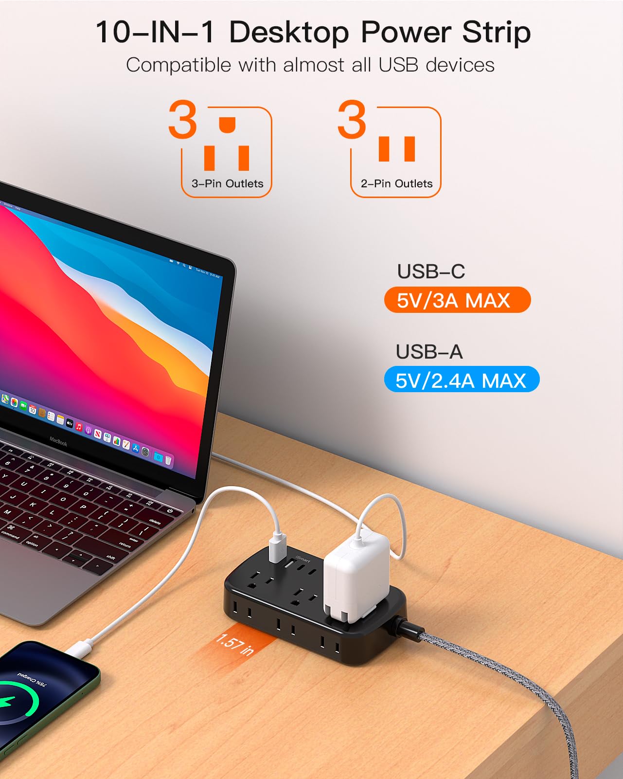 Flat Extension Cord, BESHON 5FT Flat Plug Power Strip with USB C, 6 Outlets 4 USB Port(2 USB C), No Surge Protector, Cruise Ship, Dorm Room Travel Essentials
