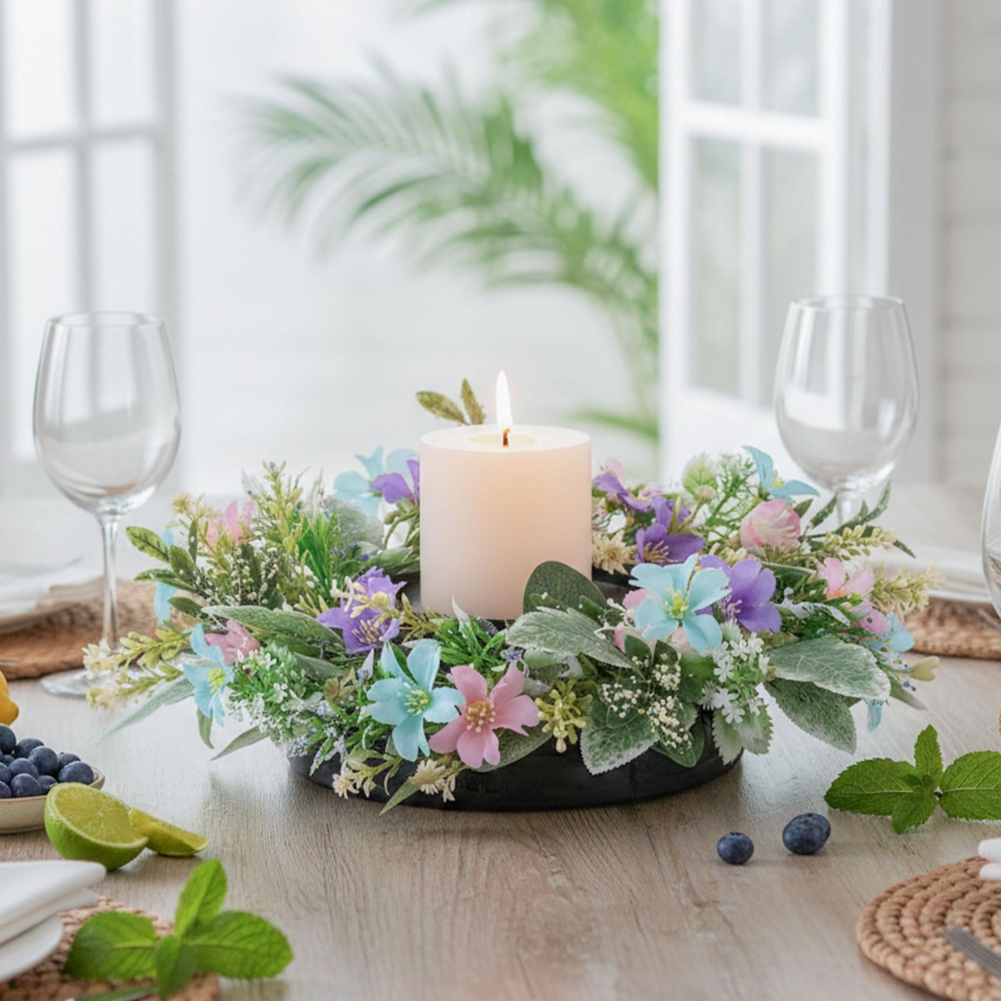 MOYEE Summer Centerpieces for Tables Wreath with Candle Holder,Candle Ring, Black Metal Candlestick with an Artificial Wreaths 14 in Versatile Dining Table Centrepiece (Blue and Purple Flower Wreath)