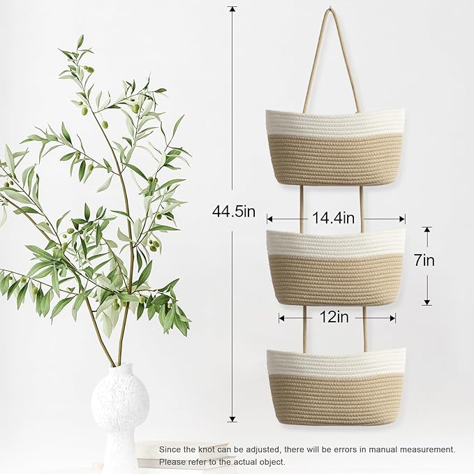 TeoKJ Over the Door Hanging Basket, 3-Tier Woven Cotton Wall-Mounted Storage