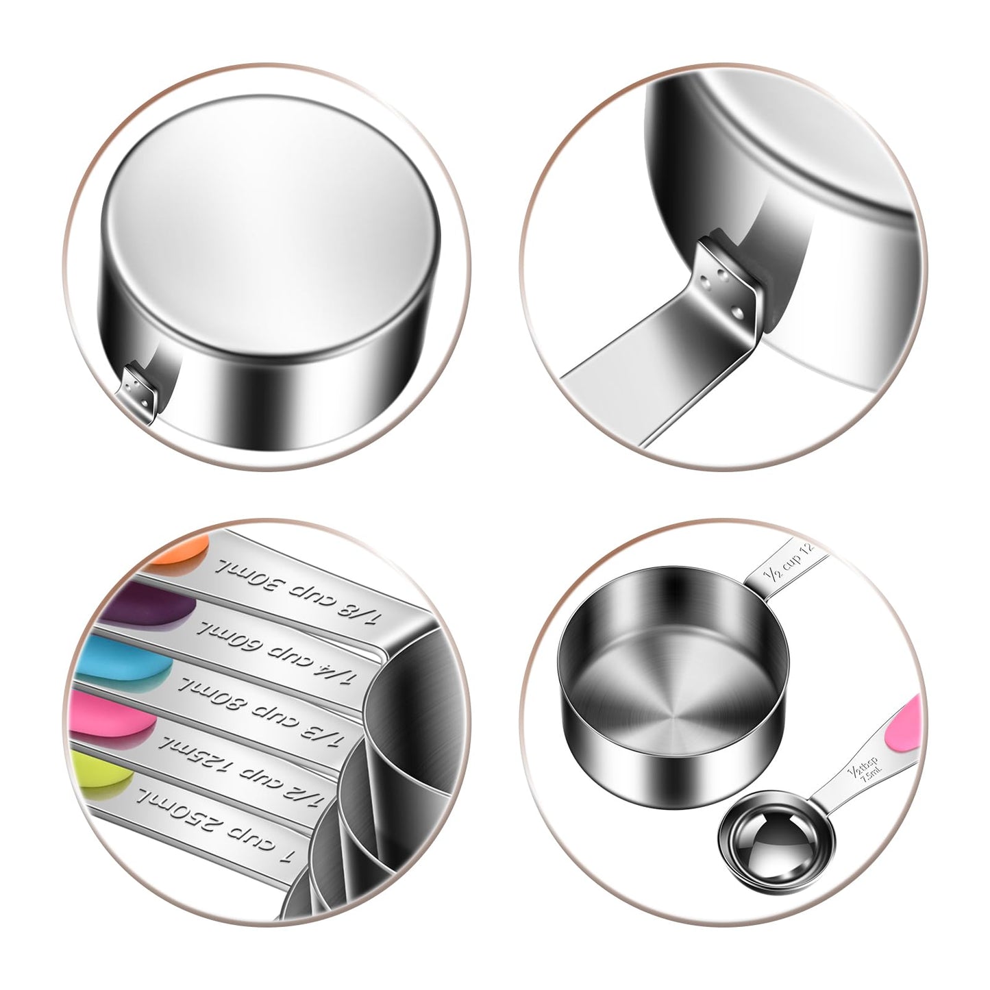 10-Piece Measuring Cups and Spoons Set, 304 Stainless Steel with Color-Coded Handles, Engraved Markings Never Fade, Plastic Free, Dishwasher Safe, Includes 1/8 Cup & 1/4 Tsp