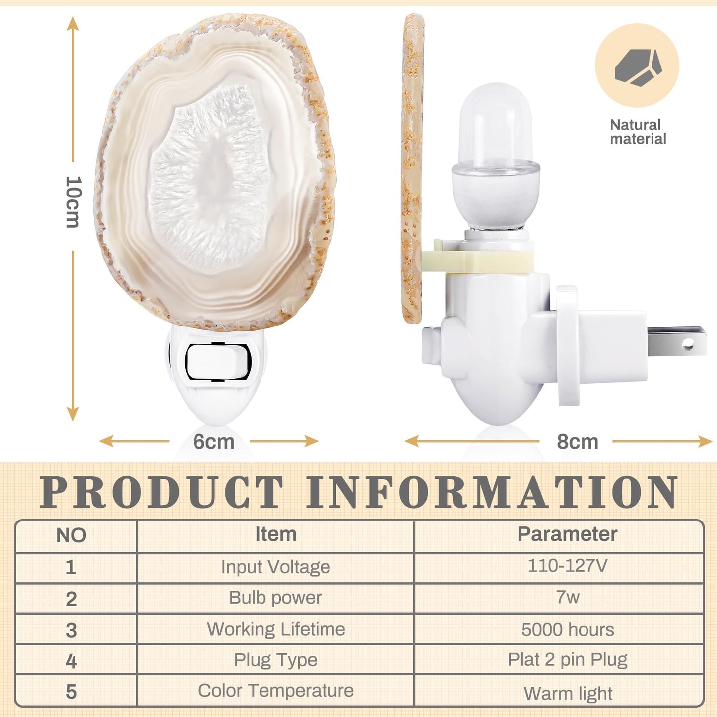 Hortsun Stone Nightlight Plug into Wall Christmas Agate Night Light Agate Slice Light Crystal with Switch Home Decor Hallway Lights, Nightlight for Toilet Kitchen Bedroom(Beige)