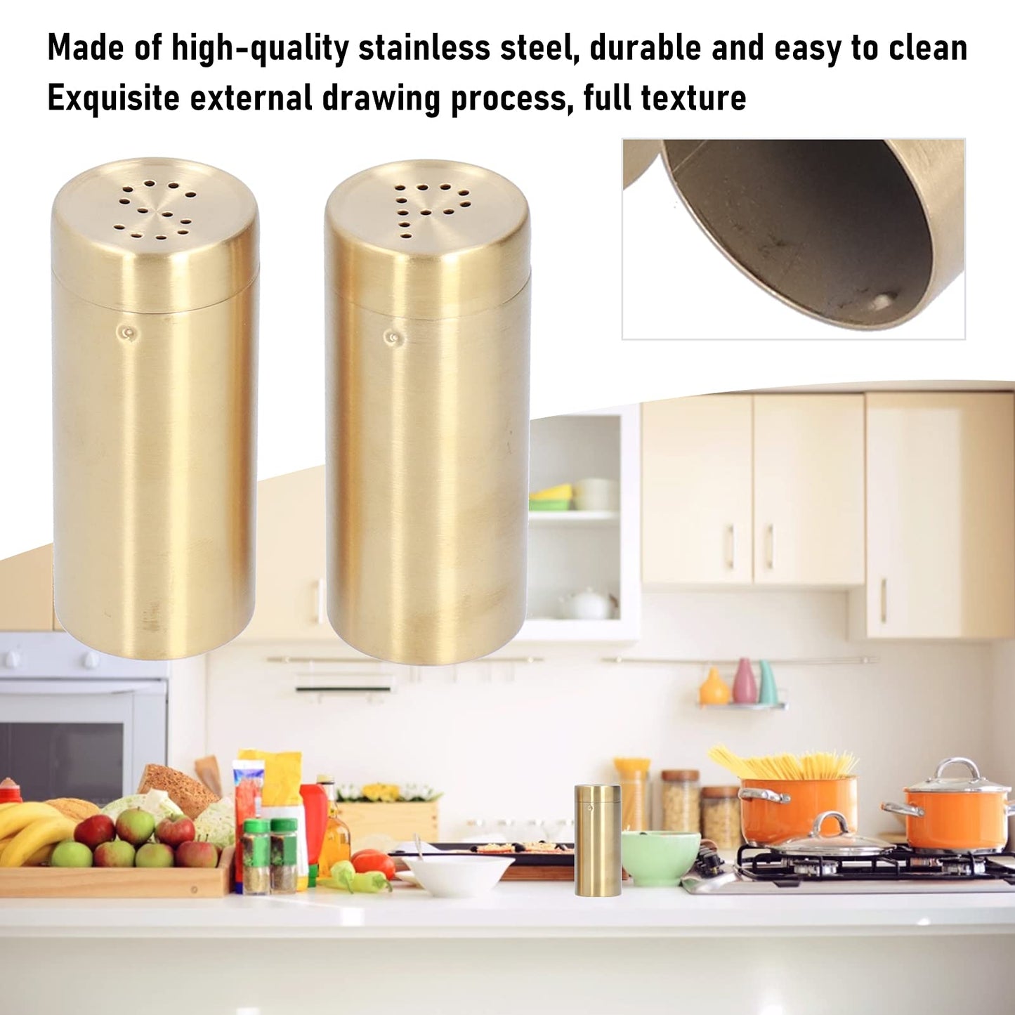 2pcs Salt and Pepper Shakers, Gold Salt And Pepper Shakers Pepper Spice Shakers Stainless Steel Seasoning Bottle Condiment Jar with Cover Ideal For Spices Condiments Herbs