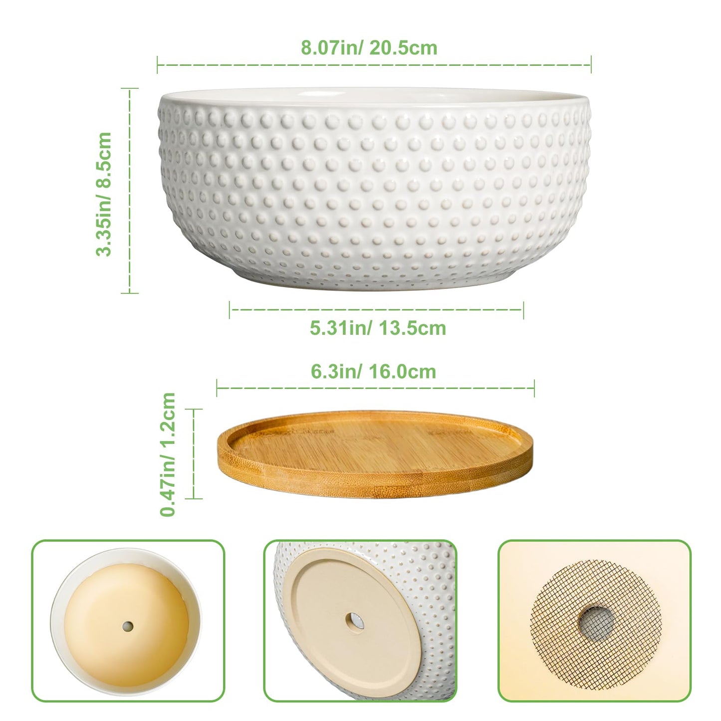 EPFamily Succulent Pots 8 Inch - Ceramic Bonsai Planters for Indoor Plants, Plant Pot with Drainage Hole and Saucer, Shallow Round Flower Planter, Modern Room Decor, Gifts for Plant Lover, White
