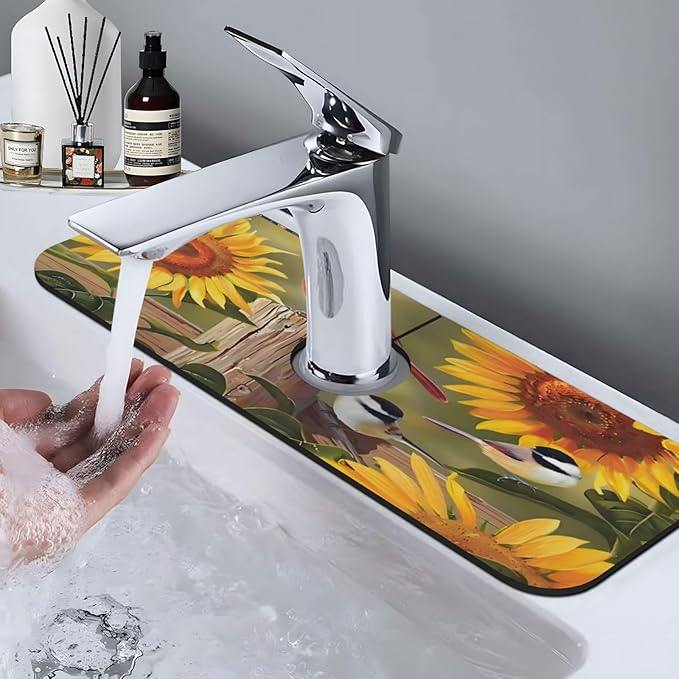 Sunflowers and songbirds Kitchen sink faucet pad, strong water absorption