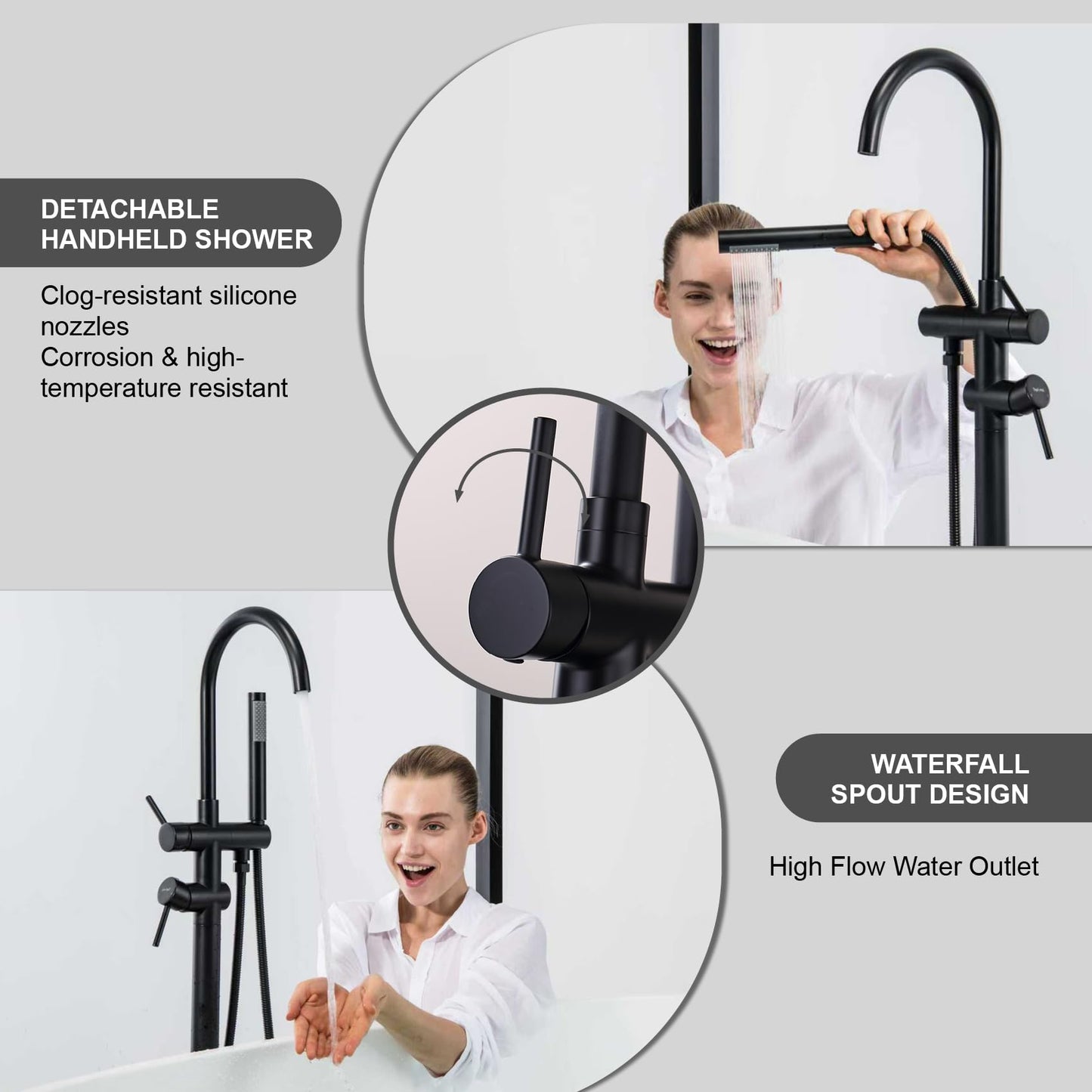 Taplong Matte Black Freestanding Tub Filler Faucet, Floor Mount Bathtub Faucet with Single Handle Handheld Shower, High Flow Bathroom Tub Faucet-51005B