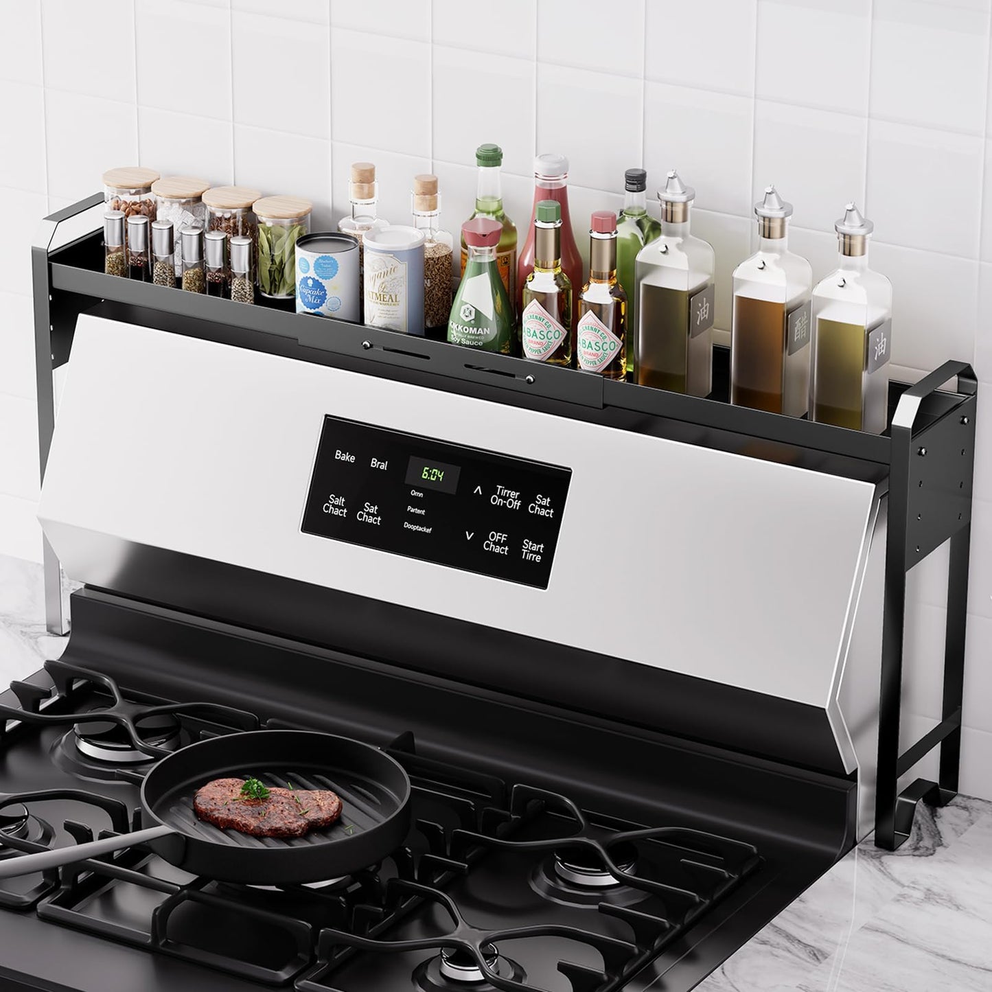 Kitchen Spice Rack Over The Stove, Shelf for Back of Stove, Stove Top Shelf for Seasoning Organizer, Over Oven Shelf, Countertop, Expandable Length 27.3''-32.6'', 4 Adjustable Height (Black, Normal)
