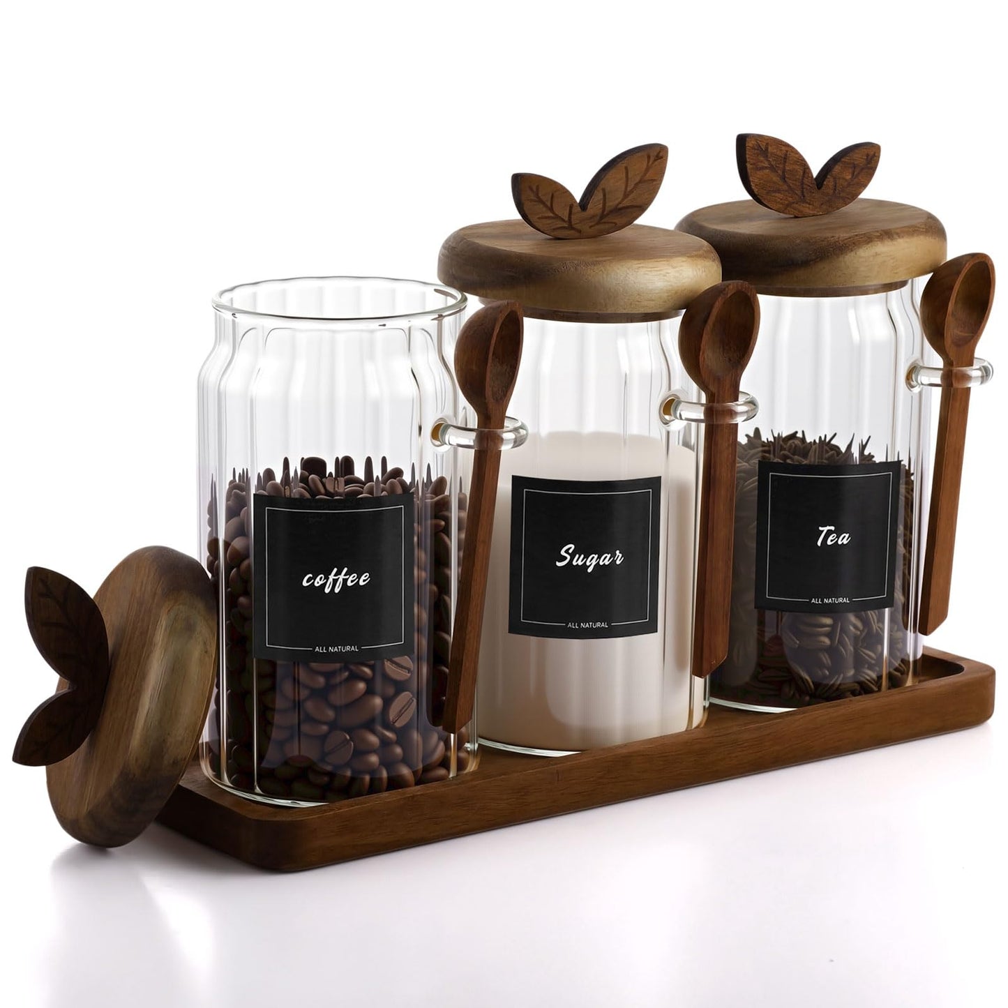 Suclain 3 Sets Glass Coffee Sugar Tea Canister 27 oz Airtight Food Storage Jar with Wooden Lid Spoon Shelf Labels Clear Glass Container for Sugar Coffee Bean Holder Salt Tea Housewarming Gift
