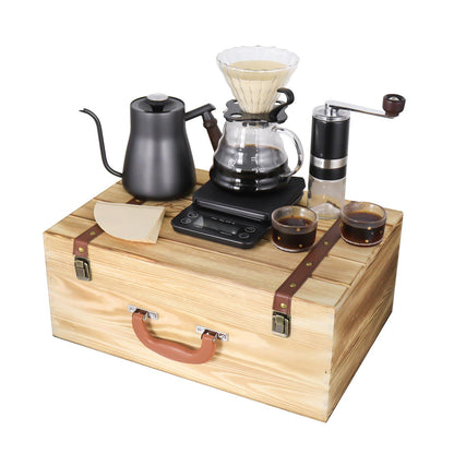 SOTECH Pour Over Manual Coffee Maker Set 2 Cup Coffee Dripper with Wooden Suitcase Coffee Kettle Scale Bean Grinder All In 1 Traveling Camping Hiking