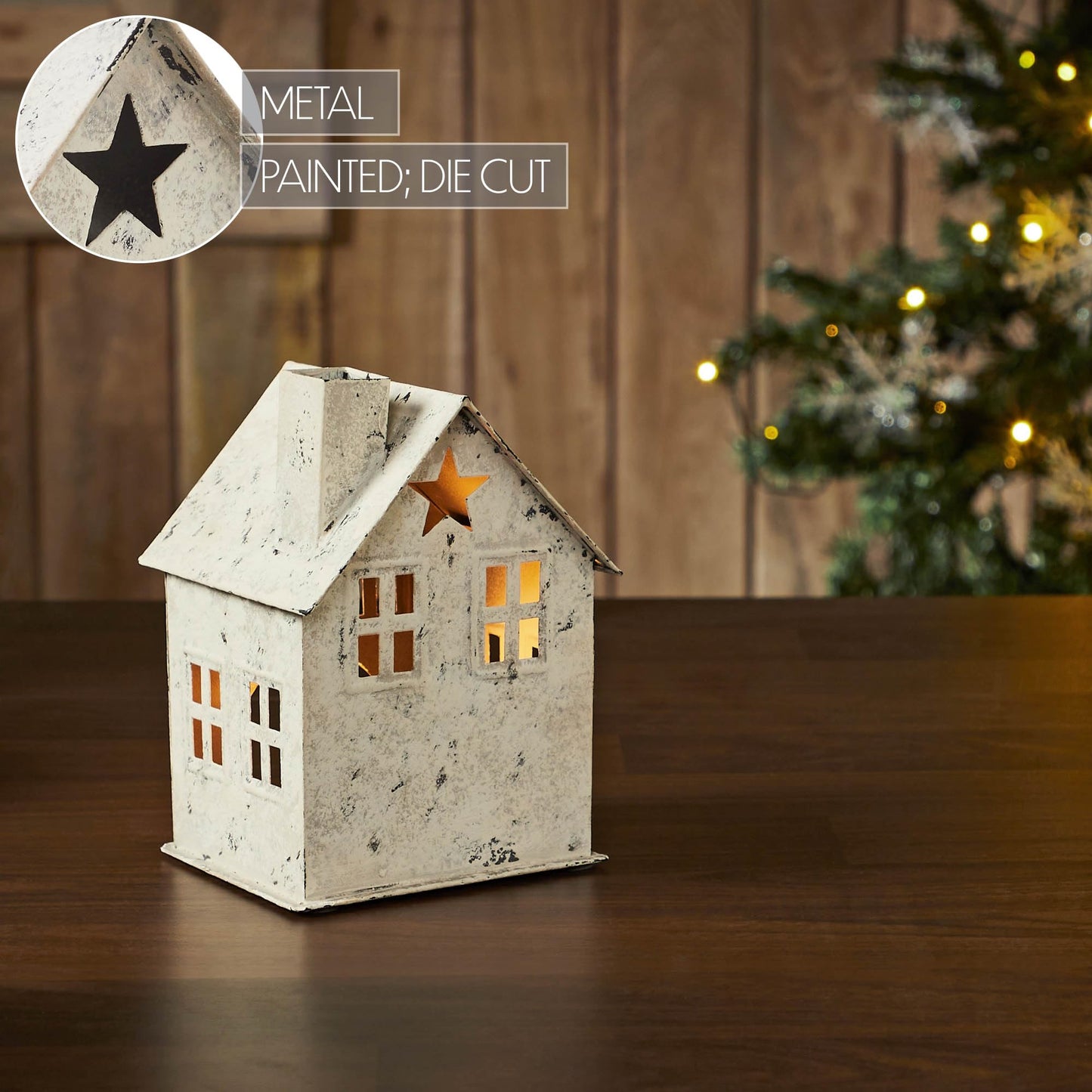 Tealight Holder Metal Village House D Antique Cream 6.75x4.75x4.5