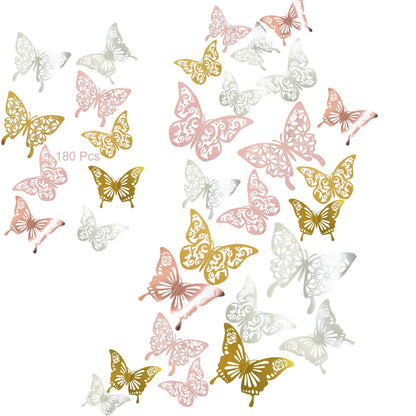 Lefiocky 180 Pcs 3D Butterfly Wall Decor 3 Style Gold Silver Rose Gold Butterflies Sticker Decorations 3 Sizes Removable Wall Decals for Cake Decorating Wedding Birthday Party DIY Cosplay