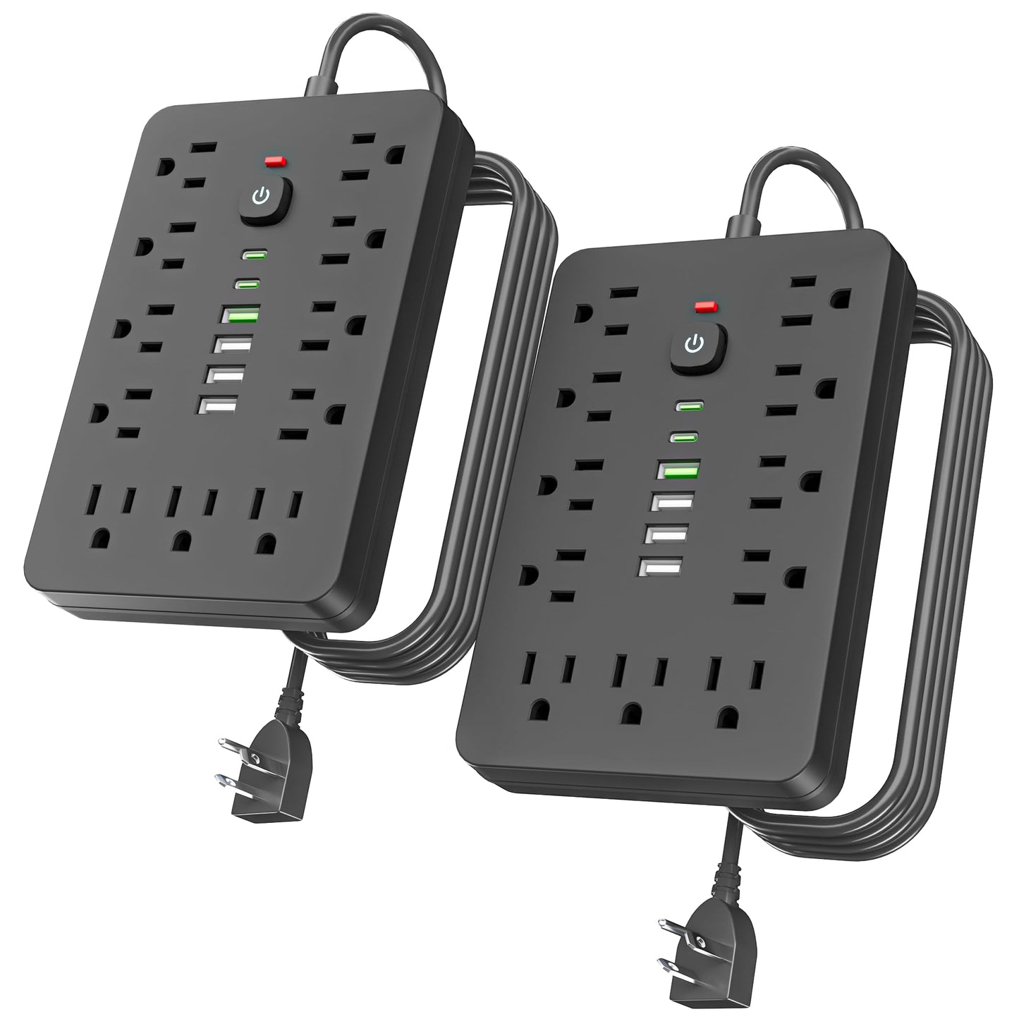 6 FT Flat Plug Surge Protector Power Strip,11 Multiple AC Outlets with 6 USB Ports (2 USB C), 6 Feet Extension Cord, 1250W/10A, One Touch Switch Button, 17 in 1 Compact powerstrip