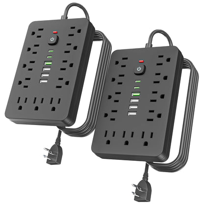 6 FT Flat Plug Surge Protector Power Strip,11 Multiple AC Outlets with 6 USB Ports (2 USB C), 6 Feet Extension Cord, 1250W/10A, One Touch Switch Button, 17 in 1 Compact powerstrip
