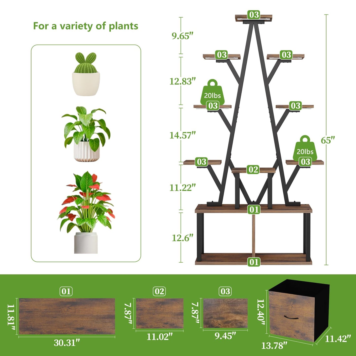 Plant Stand Indoor with Grow Lights - 10 Tiered Plant Shelf with 2 Removable Drawers, 65" Tall Plant Shelf with Grow Light Holds 13 Pot Plants, Christmas Tree Shaped Plant Stand for Home, Living Room