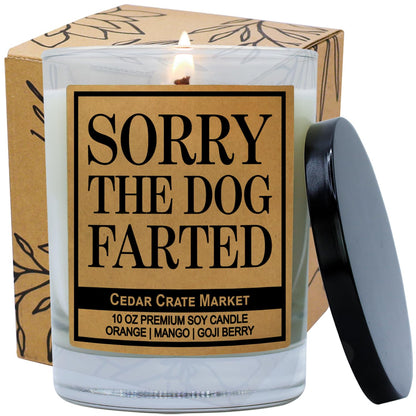 Cedar Crate Market Funny Dog Candle - “Sorry The Dog Farted” Soy Candle | Pet Odor Eliminator Gift | Orange Mango Goji Berry Scented| Hand-Poured USA Made, Pet Owner Gift, Housewarming, Gag