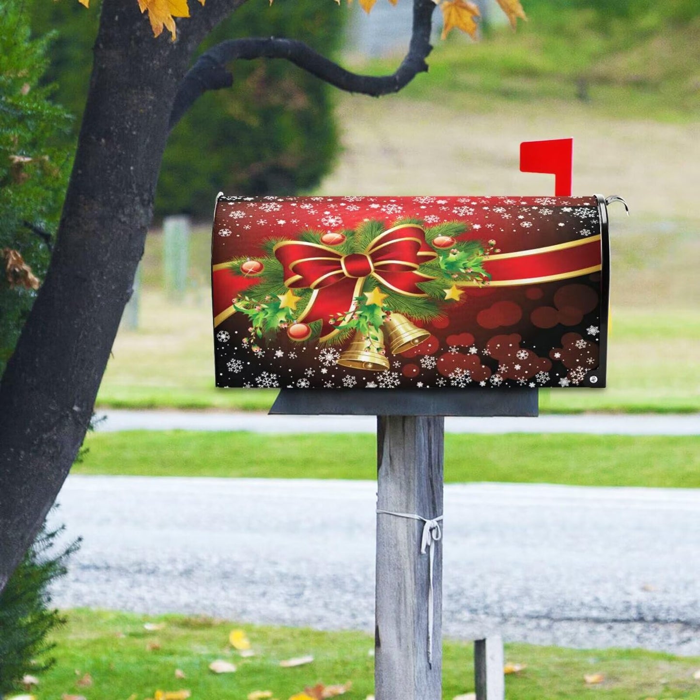 Wusikd Christmas Red Bell Snowflake Mailbox Cover Magnetic Standard Size Winter Poinsettia Mailbox Covers Letter Post Box Cover Wrap Decoration Welcome Home Garden Outdoor 21" Lx 18" W