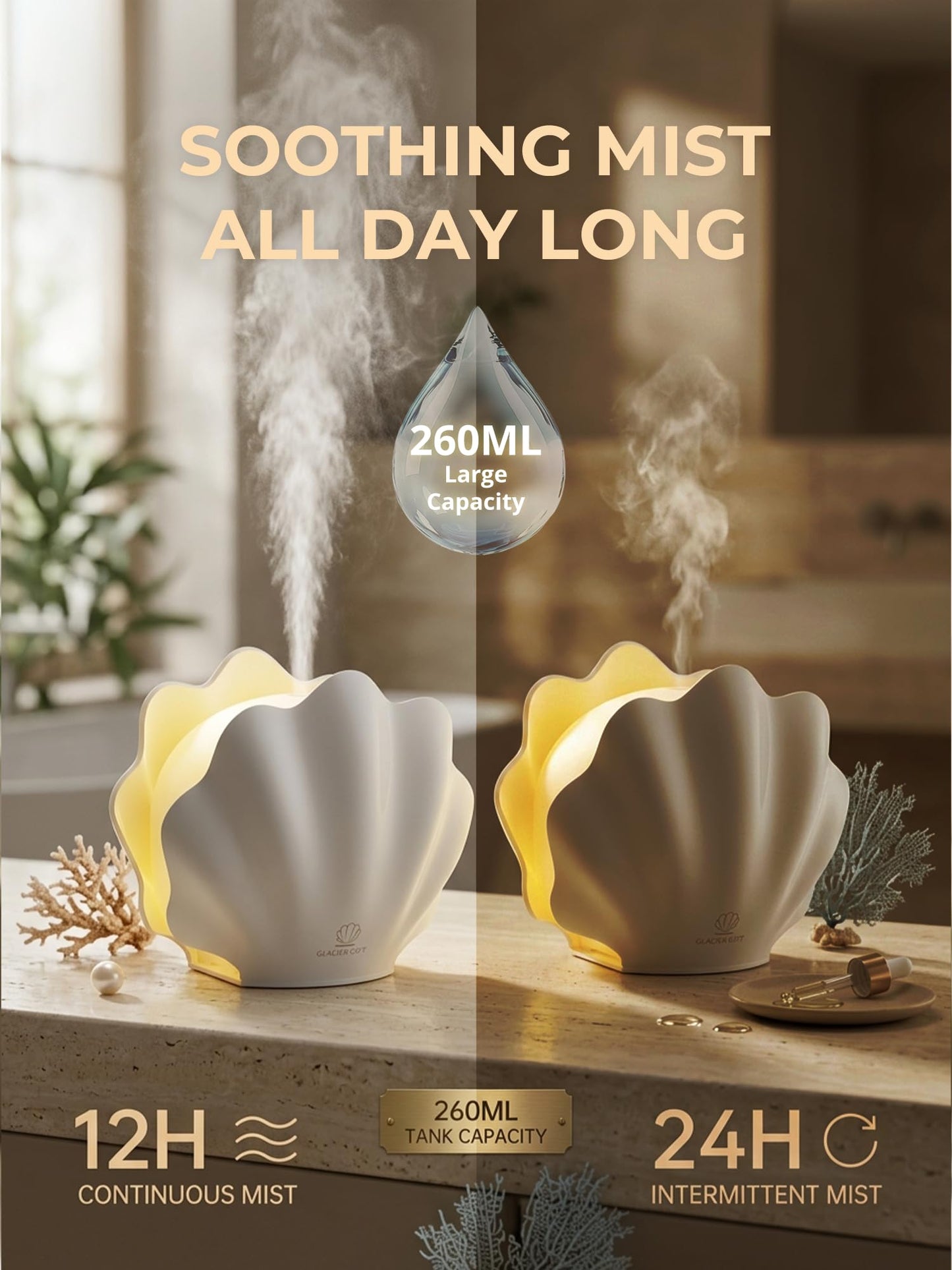Essential Oil Diffuser 260ML, Shell Aroma Diffuser with Remote Control, 7 Colors LED Night Light for Bedroom Home Relaxation, Valentines Day Gifts