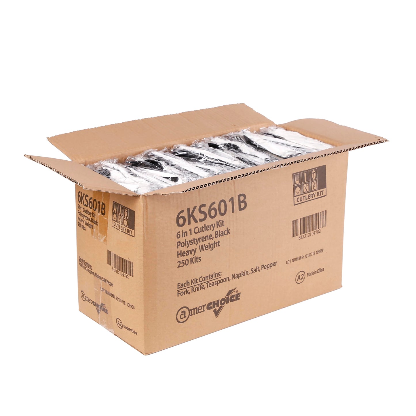 AmerCareRoyal 6-in-1 Disposable Silverware Heavy Weight Plastic Utensil Set with Teaspoon, Fork, Knife, Salt & Pepper Packets, 13x17 Napkin - Individually Wrapped Cutlery Meal Kit, Black, Case of 250