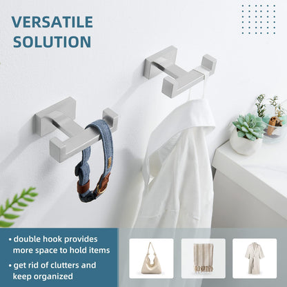 Angle Simple Bathroom Double Hook 2 PCS, SUS304 Stainless Steel Hand Towel Holder, Bath Towel Hanger, Modern Robe Hook for Wall, Brushed Nickel