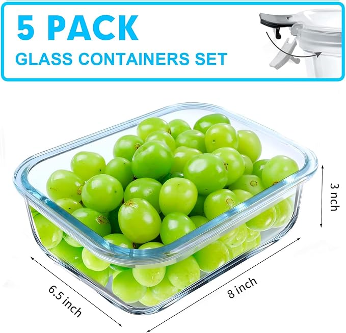 VERONES 5 Pack 36 OZ Glass Meal Prep Containers, Airtight Glass Lunch