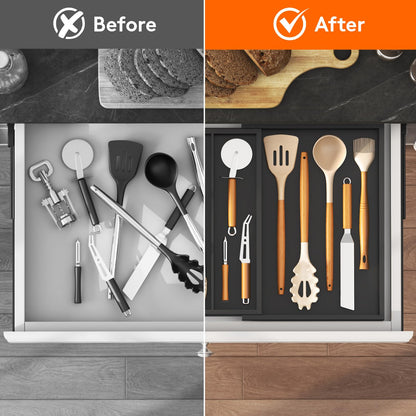 Lifewit Utensil Organizer for Kitchen Drawer, Expandable 13 to 22.4 Inches Wide, Adjustable Cooking Silverware Tray, Bamboo Cutlery Flatware Holder, Spatula Tools and Gadgets Storage Divider, Natural