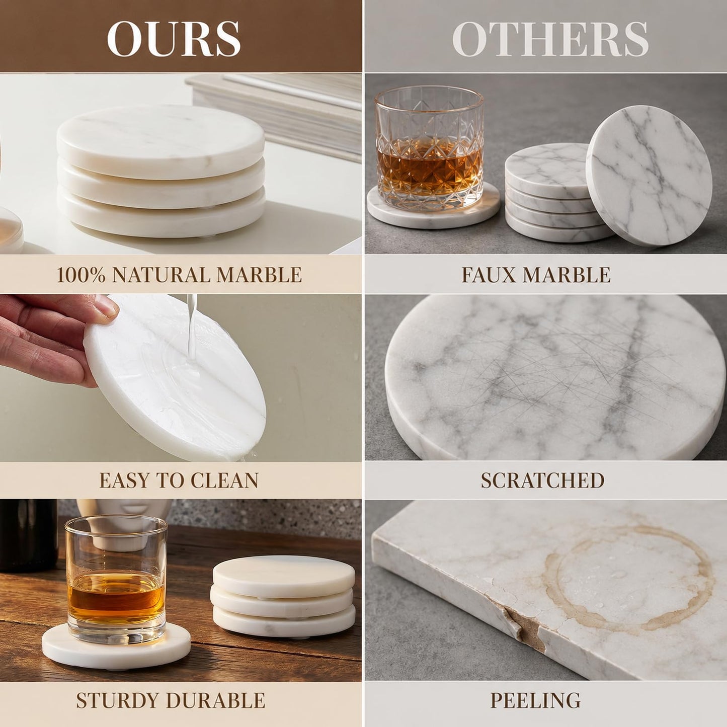 Marble Coasters Set of 4, 4-inch Round Natural Stone Drink Coasters with Non-Slip Backing, Heat Resistant Coaster for Coffee Bar Home Kitchen Decor, Ideal Housewarming Wedding Gifts(Arabescato)