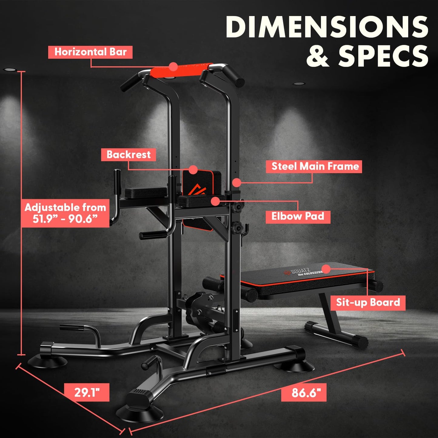 SQUATZ Pull-Up Dip Station - Your All-in-One Power Tower Gym and Chin-Up Bar Stand with Collapsible Bench for Home Exercise and Bench Press