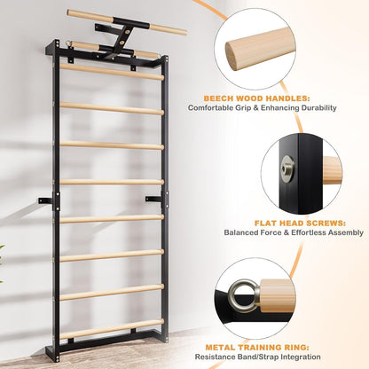 Gsskny Swedish Ladder, Wood Stall Bars Suspension Trainer with Pull-Up Bar & Rings for Straps, Swedish ladders Wall Gym Adult, Wall-Mounted Workout Ladder