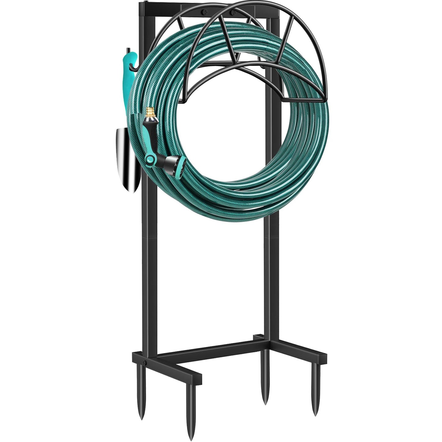 TomCare Garden Hose Holder 4 Spikes Garden Hose Reel Hose Stand Upgraded Water Hose Storage with Tool Hooks Garden Hose Hanger Organizer Holds 160ft Hoses for Outside Yard Lawn, Black