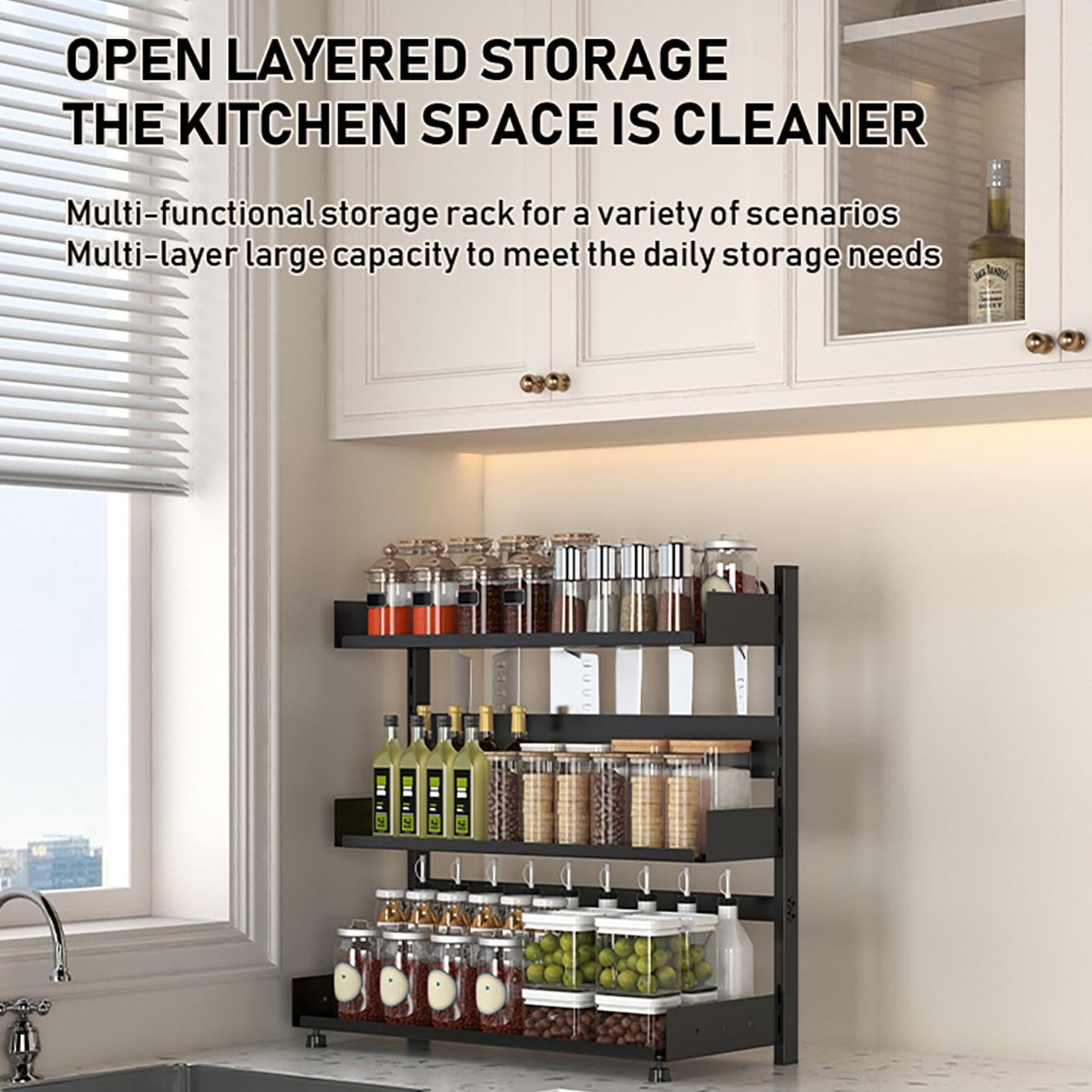 3-Tier Spice Rack Organizer with Knife Holder, Black Metal Counter Storage Shelf, 15.75x15.5x6.69 Inch, Adjustable Height, Detachable Design