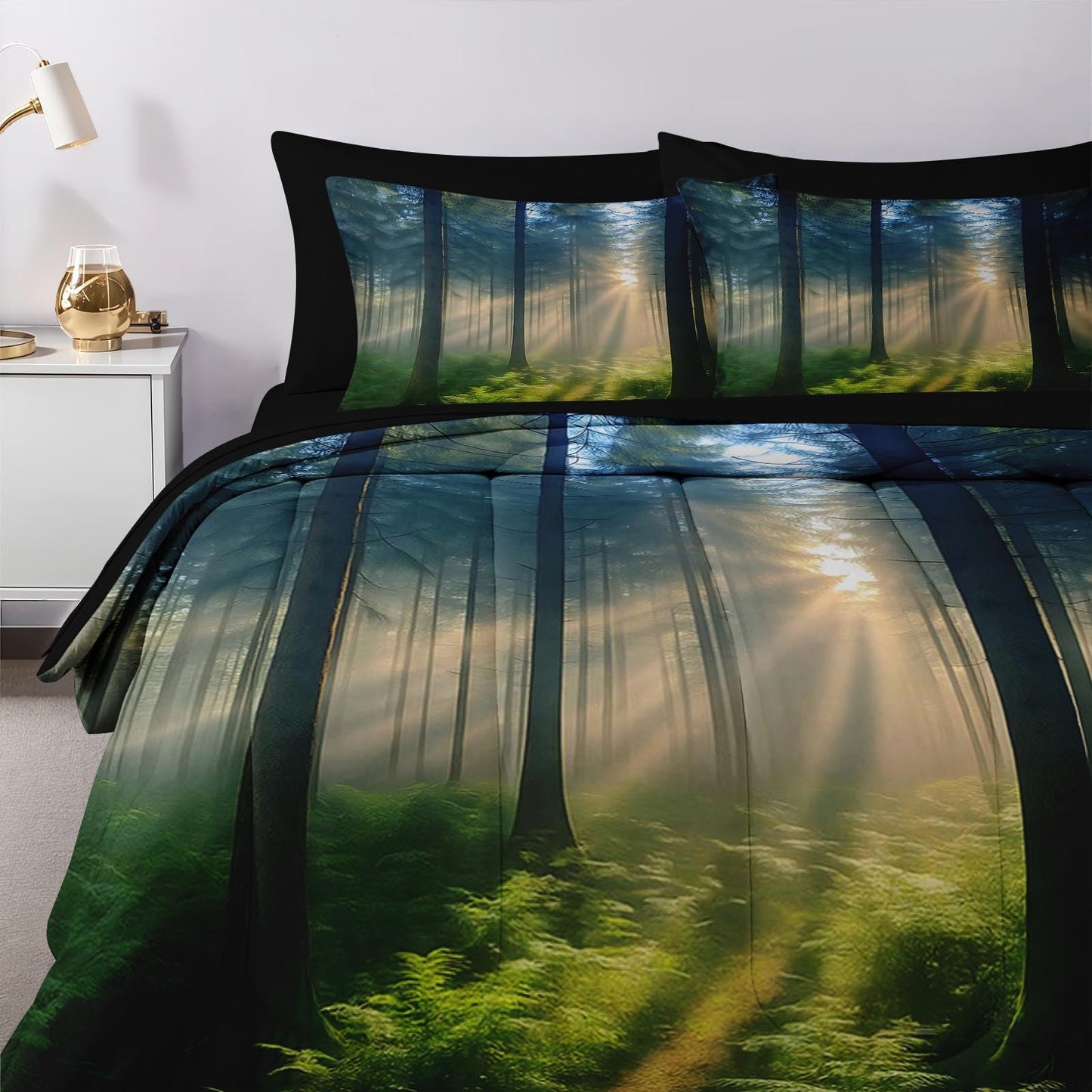 Nesker Comforter Set Full Size, Sunlit Forest Nature 7 Pcs Bedding for Kids and Adults, Misty Tree Forest Bed Sheet Sets with Fitted Sheet 2 Pillowcases & 2 Shams