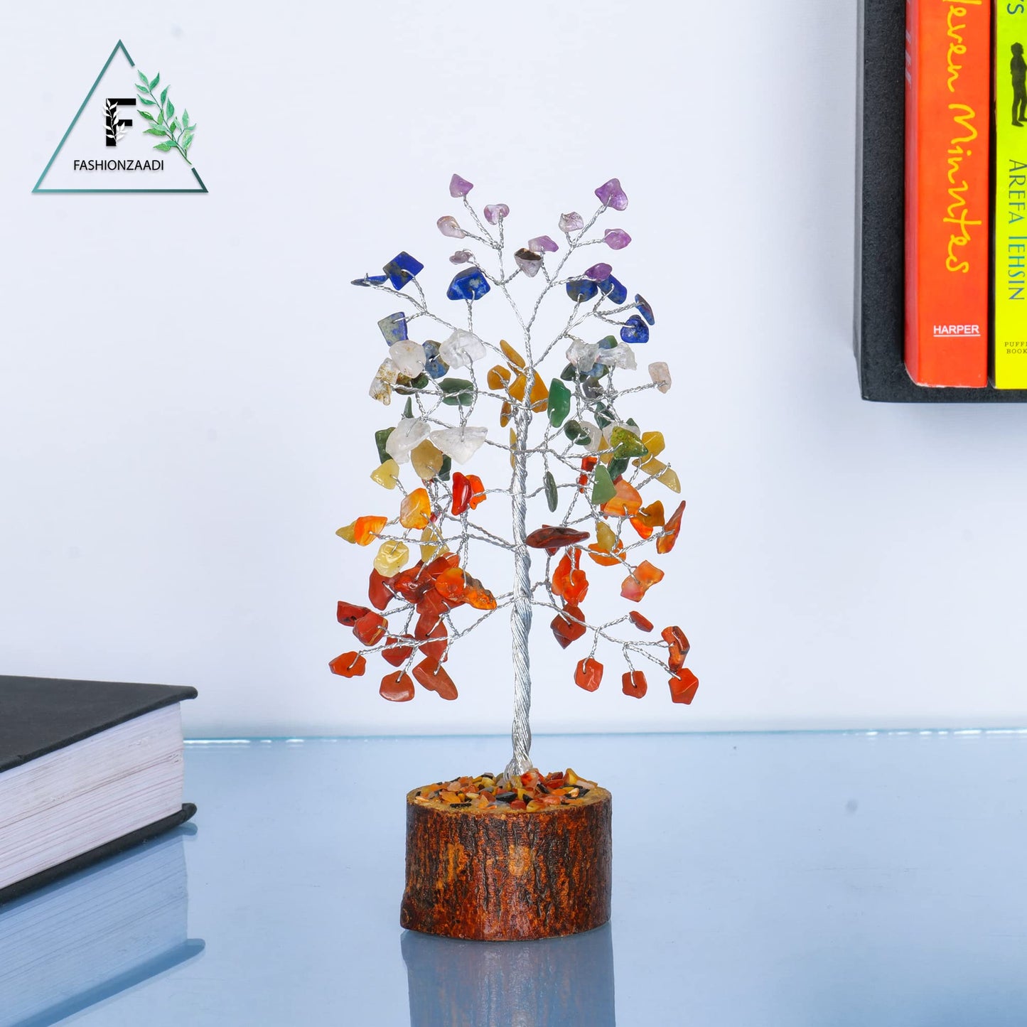 FASHIONZAADI Seven Chakra Natural Stone Feng Shui Bonsai Money Tree for Chakras Balancing Good Luck Crystals Healing Table Décor Health Prosperity Size 7-8 inch (Silver Wire)