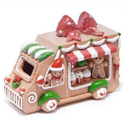 Hodao Gingerbread Sweets Truck Figurine – Resin Christmas Decorations for Home, Indoor Tabletop Decor, Candy & Cupcake Details, Cute Holiday Ornaments, Mini Collectible Gift for Families
