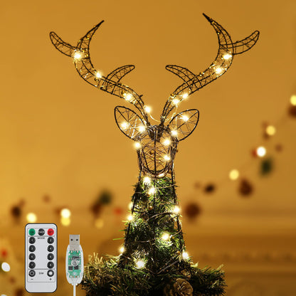Roylvan Christmas Tree Topper with 8 Lighting Modes, Reindeer Tree Topper Light with 30 LEDs USB Powered Xmas Treetop Warm Light Tree Decoration Indoor Outdoor Home Decor, 3.3FT Cable